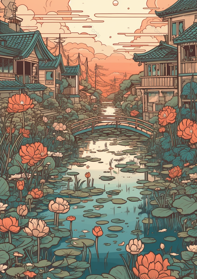 手绘梦幻荷塘荷花盛开风景图,插画/手绘图,插画/手绘图库,插画/手绘图下载,插画/手绘